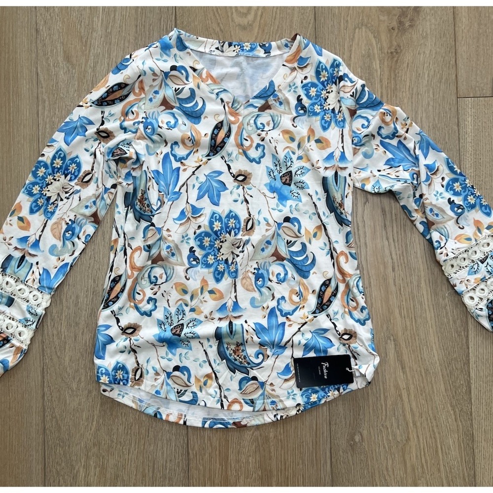 Long Sleeve Lace Floral Tops V Neck Blouse For Women Trendy Apricot Blue S - Picture 2 of 7